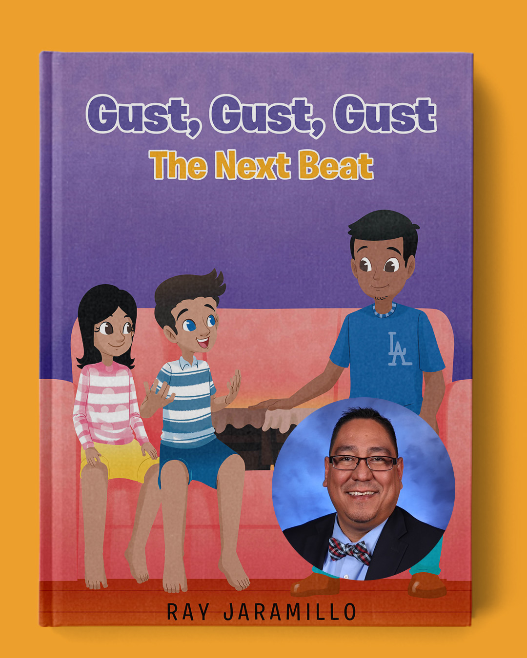 Book cover for Gust Gust Gust and picture of author (round circle, male with tie, coat, and blue shirt)