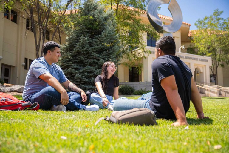 Students sitting and talking on the lawn on the WNMU campus
