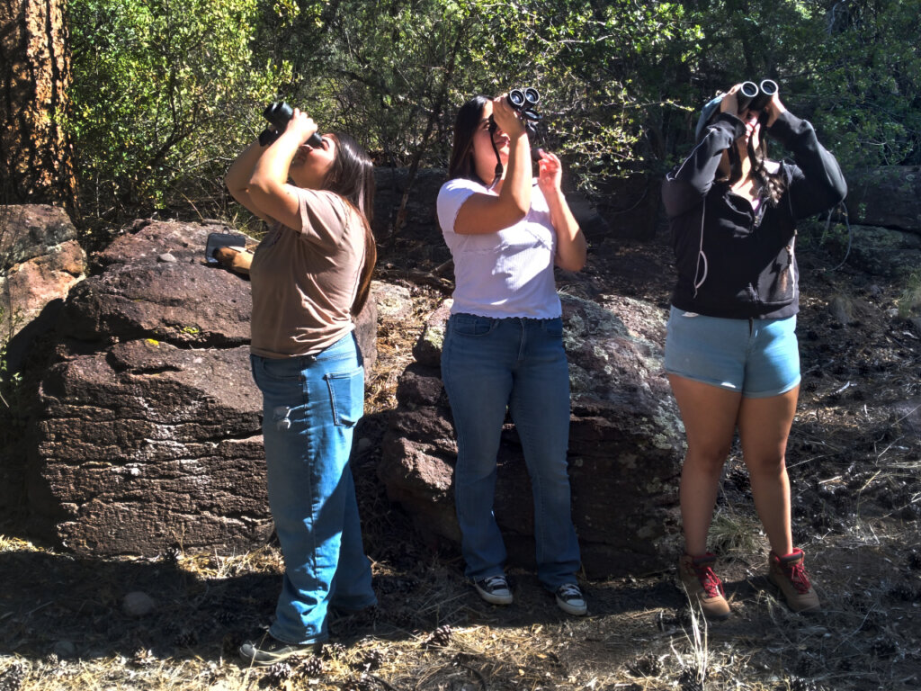 Three young women with binoculars looking for birds in the sky