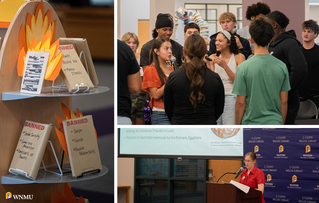 Collage of WNMU students, faculty and staff at a banned books event.